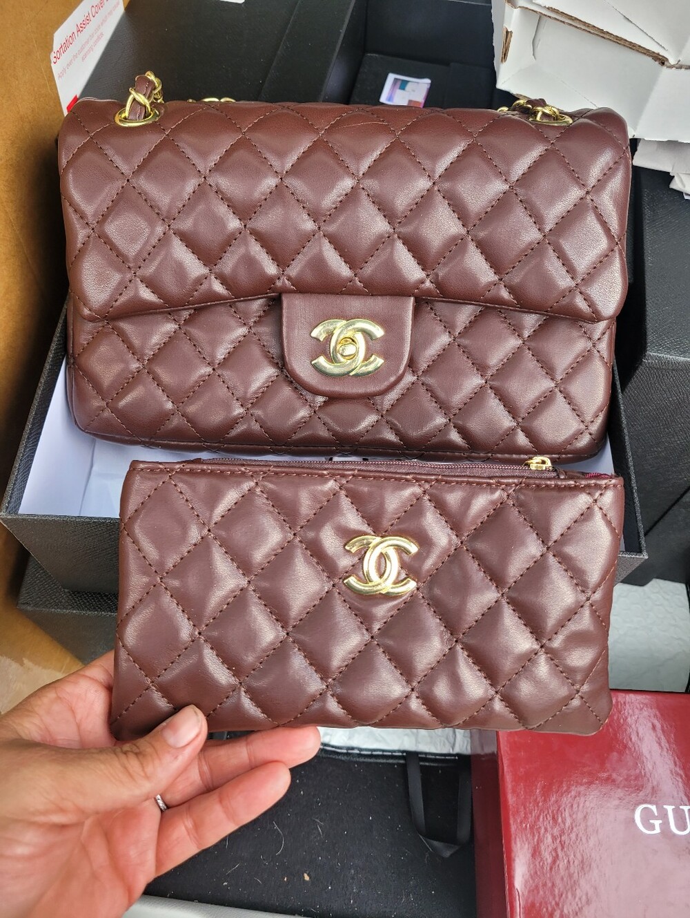 Quilted Brown Leather Crossbody Bag with Matching Pouch